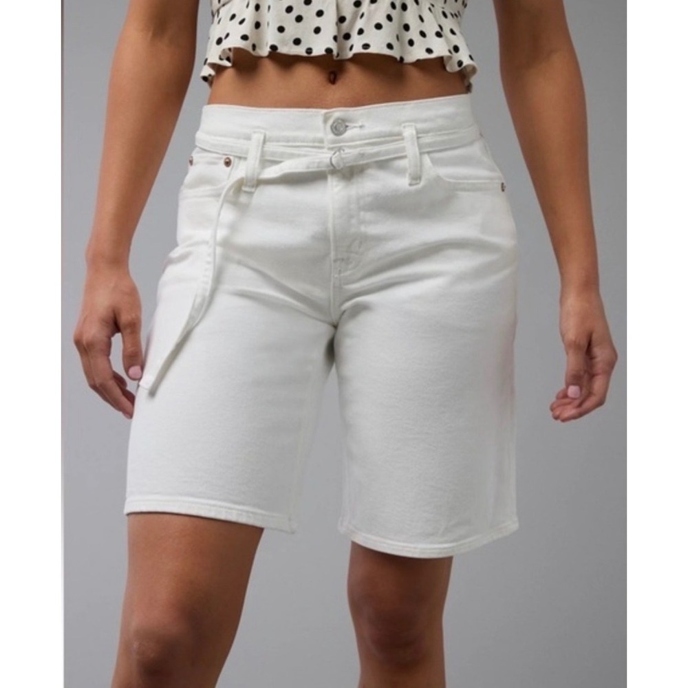 NWT American Eagle Dreamy Drape Baggy Bermuda High Waist Jort Shorts White 2